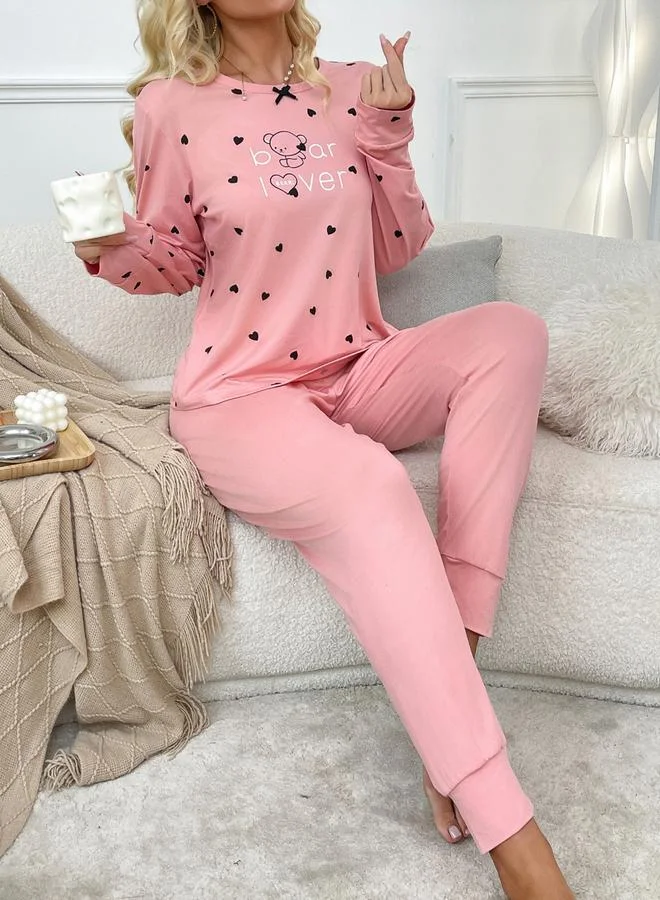 Take Two pink Love-Heart Graphic Printed T-Shirt and Pyjama Set for Women | Best Price UAE